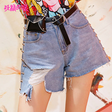 妖精的口袋chic短裤潮夏装2018新款显瘦原宿风水洗铆钉牛仔裤子女图片