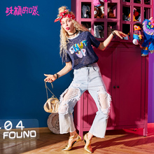 妖精的口袋旗舰店夏装2018新款蕾丝破洞渐变水洗原宿宽松牛仔裤女图片