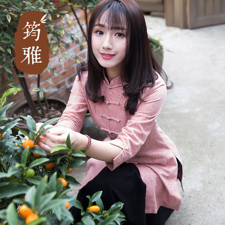 筠雅禅意茶艺服唐装上衣少女2018新款夏秋复古文艺中国风旗袍改良商品大图