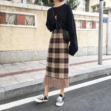 网红拼接网纱毛呢复古格子高腰中长裙潮 2018秋冬港味半身裙女韩版