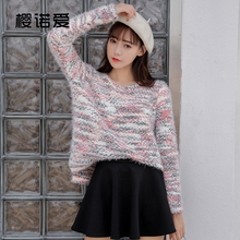 樱诺爱秋冬新款女装韩版宽松圆领彩色套头毛衣2018百搭长袖上衣女图片