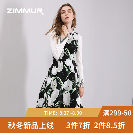 ZIMMUR秋冬新款2018印花中长款无袖收腰高腰时尚优雅大摆连衣裙商品大图