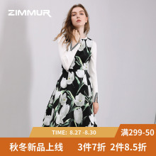 ZIMMUR秋冬新款2018印花中长款无袖收腰高腰时尚优雅大摆连衣裙图片