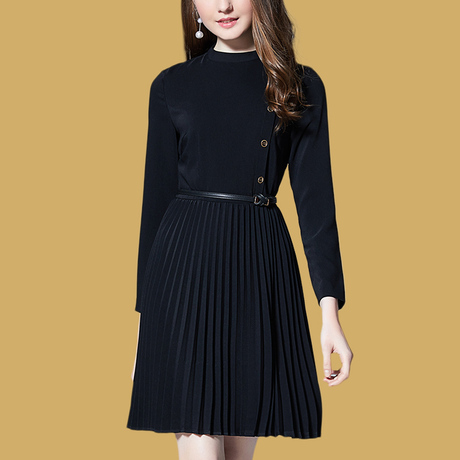 ZIMMUR2018秋冬新款黑色百褶连衣裙女商品大图