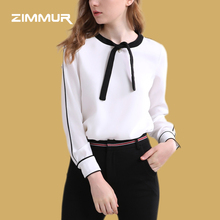 ZIMMUR2018秋季新款 女装通勤时尚潮流 白色圆领系带拼接女式衬衣图片