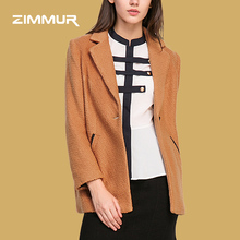 ZIMMUR2018秋冬新品简约时尚百搭驼色半开衫西装领经典一粒扣大衣图片