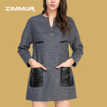 ZIMMUR18秋冬新品简约修身显瘦 个性拉链v领 拼接优雅长袖连衣裙图片