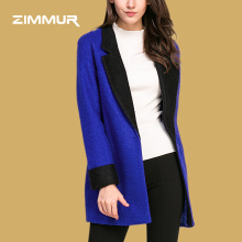 ZIMMUR18年秋冬新品 宝蓝色西装领拼接 单排扣呢料端庄气质大衣图片