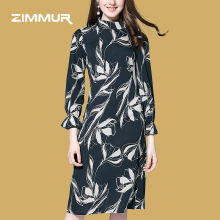 ZIMMUR2018秋冬新品 文艺范印花长袖船领高端休闲舒适连衣裙图片
