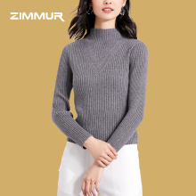 ZIMMUR18年秋冬新品女装小立领竖坑条修身纯色气质打底长袖针织衫图片