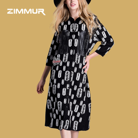 ZIMMUR2018秋冬新品黑花色七分袖单排扣宽松舒适长款外套商品大图