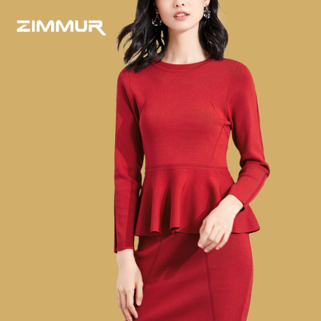 ZIMMUR18年秋冬新品 纯色舒适圆领长袖荷叶摆 显瘦柔软套头针织衫商品大图