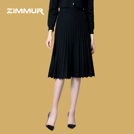 ZIMMUR2018秋冬女新款简约时尚百搭纯色百褶针织衫气质淑女半身裙商品大图