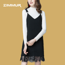 ZIMMUR18年秋装新款个性百搭纯色蕾丝拼接修身直筒背带休闲连衣裙图片