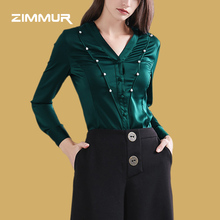 ZIMMUR2018秋季新款 长袖V领珍珠装饰单排扣时尚纯色弹力雪纺衬衫图片