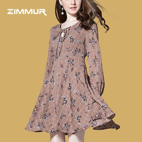 ZIMMUR18年秋冬装新款 格子印花松紧长袖系带V领收腰优雅连衣裙商品大图