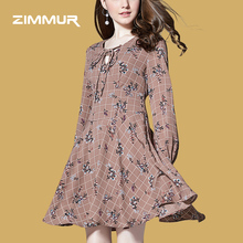 ZIMMUR18年秋冬装新款 格子印花松紧长袖系带V领收腰优雅连衣裙图片