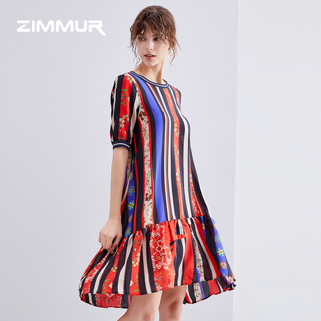 ZIMMUR19夏季新款优雅高端条纹舒适透气桑蚕丝真丝连衣裙商品大图