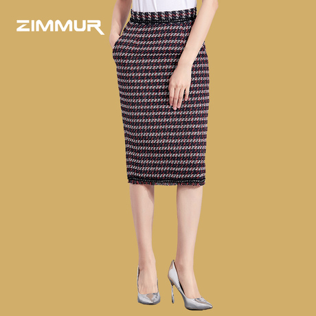 ZIMMUR18年秋冬新品精致粗花呢收腰百搭通勤职业商务OL包臀半身裙商品大图
