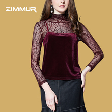 ZIMMUR18年秋装新款 长袖透视蕾丝立领打底衫丝绒吊带优雅两件套图片