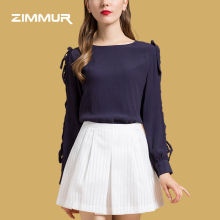 ZIMMUR18年秋装新款蝴蝶结绑带镂空长袖圆领大方百搭上衣休闲衬衣图片