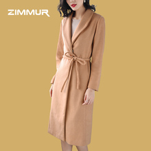 ZIMMUR2018秋冬新品 时尚长袖翻领简约大方绑带中长款薄呢大衣图片