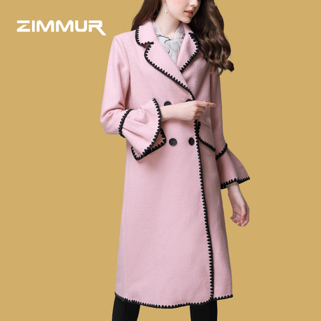 ZIMMUR秋冬新款波浪花纹设计纯色翻领喇叭袖花边撞色拼接毛呢大衣商品大图