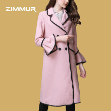 ZIMMUR秋冬新款波浪花纹设计纯色翻领喇叭袖花边撞色拼接毛呢大衣图片