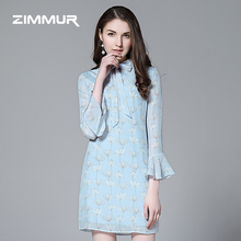 ZIMMUR女装2018春装新款桑蚕丝时尚气质印花蝴蝶结真丝连衣裙女图片