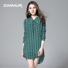 ZIMMUR蝴蝶结领口100%桑蚕丝裙子2018春夏新款女装真丝印花连衣裙图片