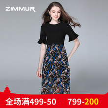 ZIMMUR夏季新款2018棉质雪纺印花拼接喇叭袖蕾丝边高腰显瘦连衣裙图片