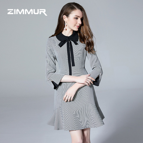 ZIMMUR秋冬新款2018淑女优雅收腰荷叶边鱼尾中款喇叭袖OL女连衣裙商品大图