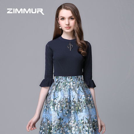 ZIMMUR秋冬新款2018喇叭袖五分袖纯色针织衫打底简约上衣OL蕾丝女商品大图