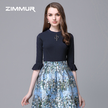 ZIMMUR秋冬新款2018喇叭袖五分袖纯色针织衫打底简约上衣OL蕾丝女图片