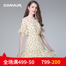 ZIMMUR夏季新款2018喇叭袖印花雪纺收腰A字裙荷叶边OL蛋糕连衣裙图片