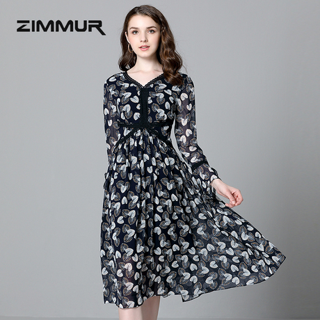 ZIMMUR秋冬新款2018印花雪纺中长款V领大摆优雅收腰OL显瘦连衣裙商品大图