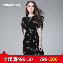 ZIMMUR夏装新款2018黑色印花雪纺显瘦优雅中裙收腰短袖OL连衣裙女图片