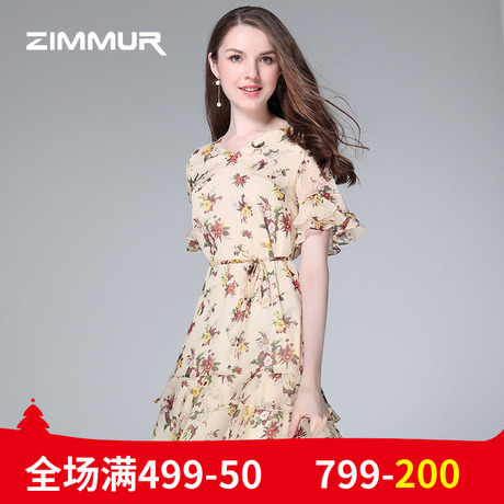 ZIMMUR夏季新品2018喇叭袖收腰a字裙印花雪纺OL系带荷叶边连衣裙商品大图