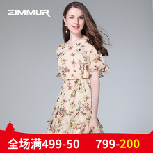 ZIMMUR夏季新品2018喇叭袖收腰a字裙印花雪纺OL系带荷叶边连衣裙图片