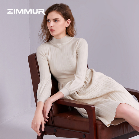 ZIMMUR秋装女2018新款时尚简约长袖a字裙修身针织连衣裙商品大图