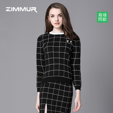 ZIMMUR秋冬新款2018黑白格子宽松时尚卫衣绒衫百搭T恤休闲上衣女图片