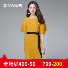 ZIMMUR夏季新款2018纯色五分袖宽松中OL系带雪纺中长裙简洁连衣裙图片