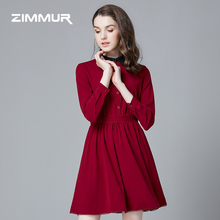 ZIMMUR秋冬新款2018衬衫领长袖红色中款伞裙打底收腰OL优雅连衣裙图片