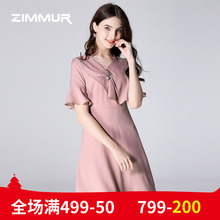ZIMMUR新品夏季优雅喇叭袖A字裙中长款收腰纯色气质雪纺OL连衣裙图片