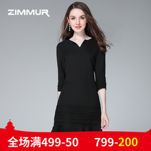 ZIMMUR夏季新款2018纯黑色鱼尾荷叶边V领中裙修身OL七分袖连衣裙图片