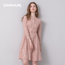 ZIMMUR秋冬新款2018衬衫连衣裙收腰A字裙九分袖打底印花连衣裙图片