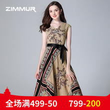 ZIMMUR夏季新品2018V领印花收腰系带蝴蝶结复古无袖中长款连衣裙图片
