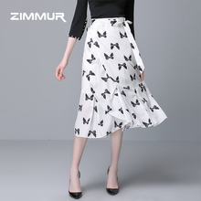 ZIMMUR秋季新款2018雪纺印花大摆荷叶边收腰绑带蝴蝶结半身裙优雅图片