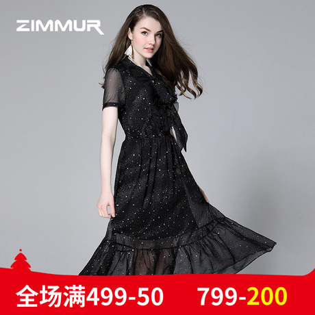 ZIMMUR夏季新款2018网纱荷叶边大摆中长款黑色雪纺短袖V领连衣裙商品大图