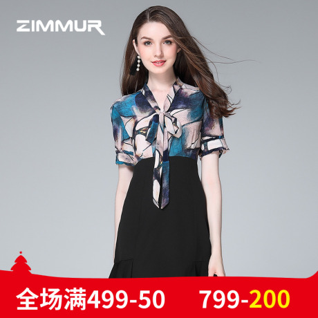 ZIMMUR夏季新品2018印花真丝OL连衣裙荷叶边女职业装蝴蝶结桑蚕丝商品大图